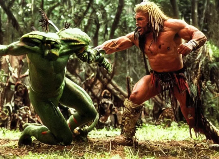 Image similar to the ultimate warrior fighting the predator, movie still, from the new predator movie, 8 k, realistic