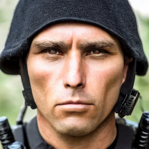 Prompt: close up face male portrait of a swat tactical police officer.