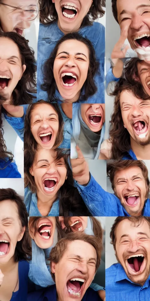 Prompt: composite image of multiple faces laughing with wide open mouths and wide open eyes