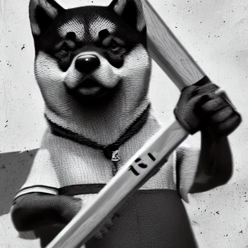 Image similar to police shiba inu holding a baseball bat on his hand, cinematic lightning, 4 k, ultra detailed, trending on artstation, masterpiece, digital art.