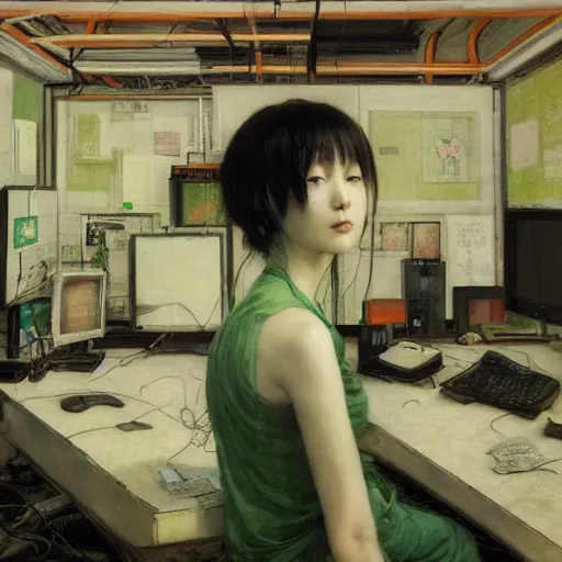 Prompt: portrait of lain iwakura, background room full of cables and computers by yoshitoshi abe, ruan jia and joao ruas, atmospheric, green tones