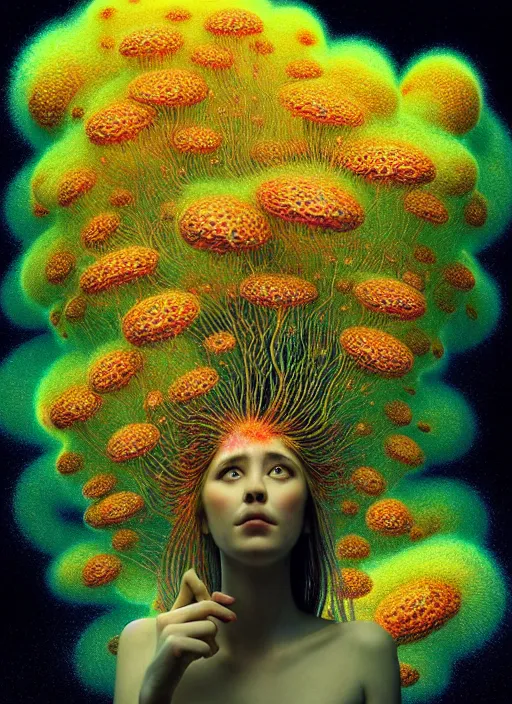 Image similar to hyper detailed 3d render like a painting - Aurora (Singer) seen Eating of the Strangling network of yellowcake aerochrome and milky Fruit and Her delicate Hands hold of gossamer polyp blossoms bring iridescent fungal flowers whose spores black the foolish stars by Jacek Yerka, Mariusz Lewandowski, Houdini algorithmic generative render, Abstract brush strokes, Masterpiece, Edward Hopper and James Gilleard, Zdzislaw Beksinski, Mark Ryden, Wolfgang Lettl, hints of Yayoi Kasuma, octane render, 8k