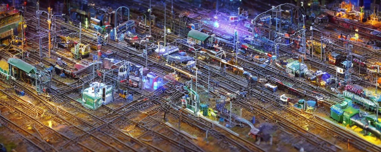 Image similar to mega detailed miniature voxel diorama of huge railway junction, futuristic architecture, tilt shift, industrial lights, by night clean and sterile atmosphere, several trains nearby, near future 2 0 3 0