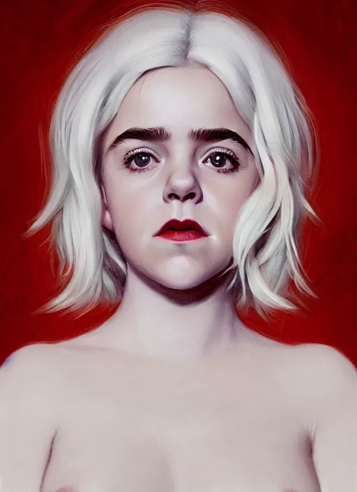 Image similar to full body portrait, kiernan shipka as sabrina spellman, white hair, obese, bangs, sultry, realistic, sultry smirk, fluffy bangs, freckles, fat, belly, intricate, elegant, highly detailed, digital painting, artstation, concept art, smooth, sharp focus, illustration, art by wlop, mars ravelo and greg rutkowski