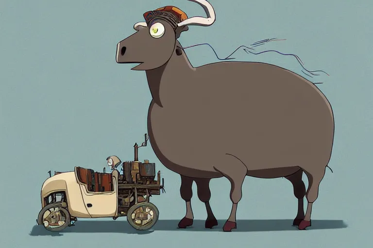 Image similar to a study of a cell shaded cartoon of a grey mechanized ram from howl's moving castle ( 2 0 0 4 ), on a desert road, full body, wide shot, very muted colors, post grunge, studio ghibli, highly detailed, deviantart, art by artgem