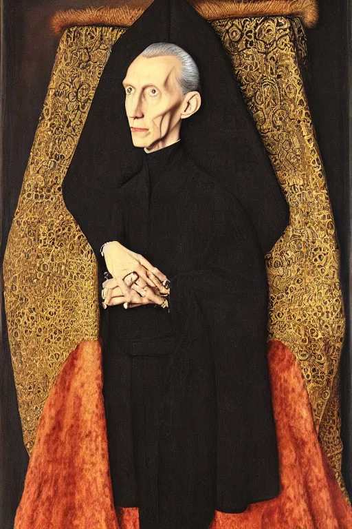 Image similar to portrait of grand moff tarkin as a sith lord, oil painting by jan van eyck, northern renaissance art, oil on canvas, wet - on - wet technique, realistic, expressive emotions, intricate textures, illusionistic detail