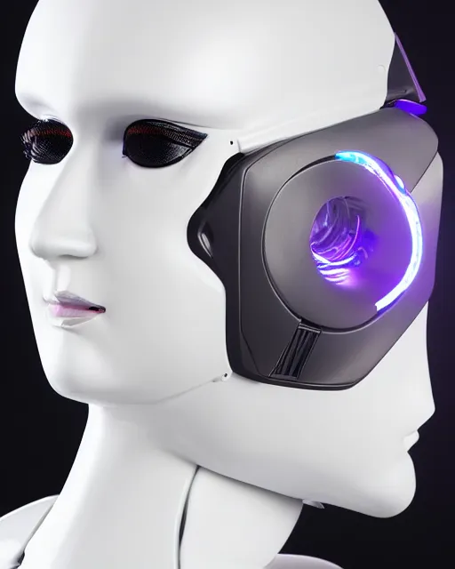 Prompt: profile side photo of sensual dancer as a cyberpunk mecha humanoid robotic head shoulder parts with straight bright led lights, inside white room, ultra - realistic and detailed, 8 k