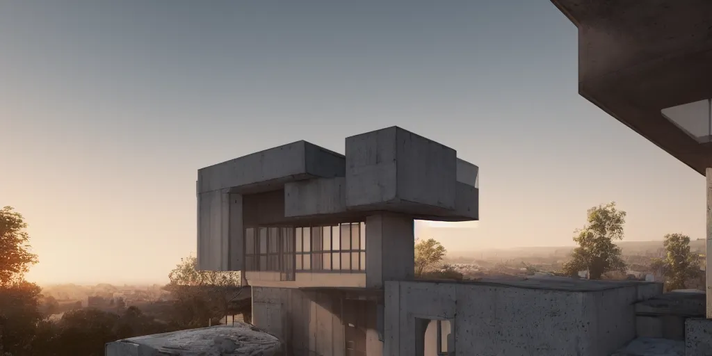 Image similar to a modern concrete house, brutalism, a view of a city, sunset, photorealism, beautiful, cinematic dramatic atmosphere, volumetric cinematic perfect light, detailed octane render trending on artstation, 8 k, by chris hytha and jag studio