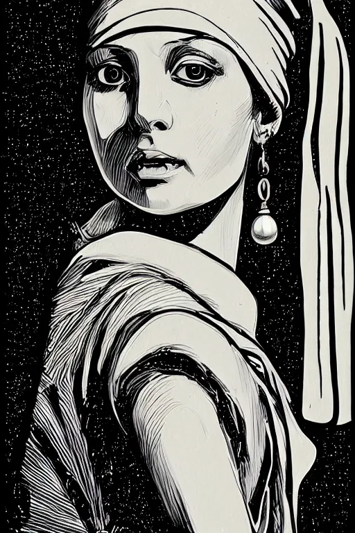 Image similar to beautiful portrait of a woman, negative no not the girl with a pearl earring, highly detailed ink illustration of a narrow neon lit tokyo alley, b & w clean shaped illustration by kim jung gi, ric estrada, ron english and eiichiro oda