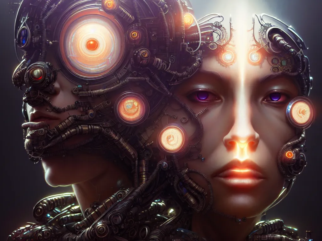 Prompt: ultra realistic beautiful cyborg deity eyes closed, sci-fi, cyberpunk, intricate details, elegant, highly detailed, photorealistic, digital painting, octane render, concept art, eerie, 8k, art by artgerm and james clyne and greg rutkowski and alphonse mucha