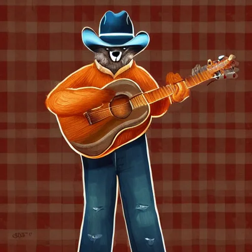 Image similar to a fox animal, wearing cowboy hat, wearing plaid shirt, playing guitar, inside a barn, album cover style, artstation