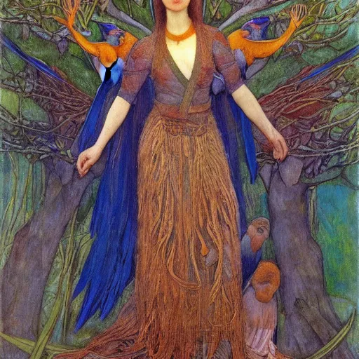 Prompt: the queen of the forest with her birds, by Annie Swynnerton and jean delville and Nicholas Roerich and Tino Rodriguez, elaborately costumed, rich color, dramatic cinematic lighting, extremely detailed
