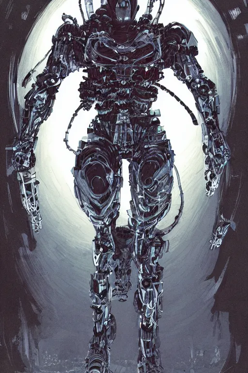 Image similar to powerful biomechanical soldier enhanced using a nanosuit with artificial muscles under the armor plating, at dusk, a color cover illustration by tsutomu nihei, tetsuo hara and katsuhiro otomo