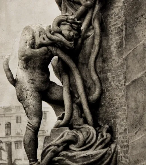 Image similar to a man frozen to statue by medusa, ww1 film photo, grainy, high detail, high resolution