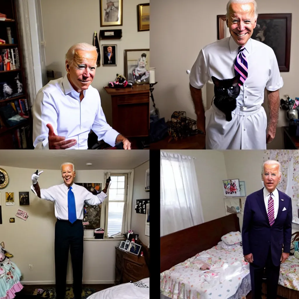 Prompt: photo of joe biden wearing a maid outfit and cat ears in a cluttered bedroom