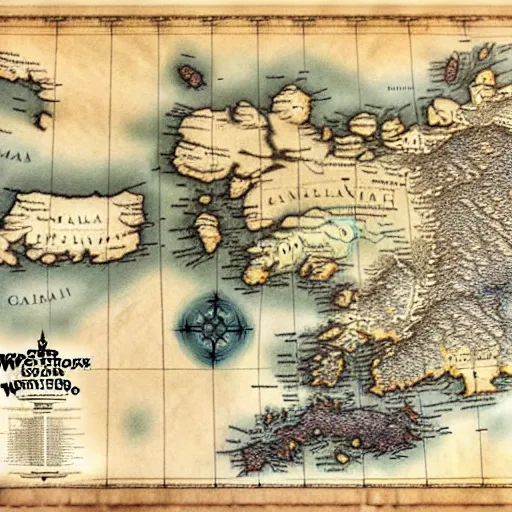 Prompt: westeros map printed on parchment, 8 k