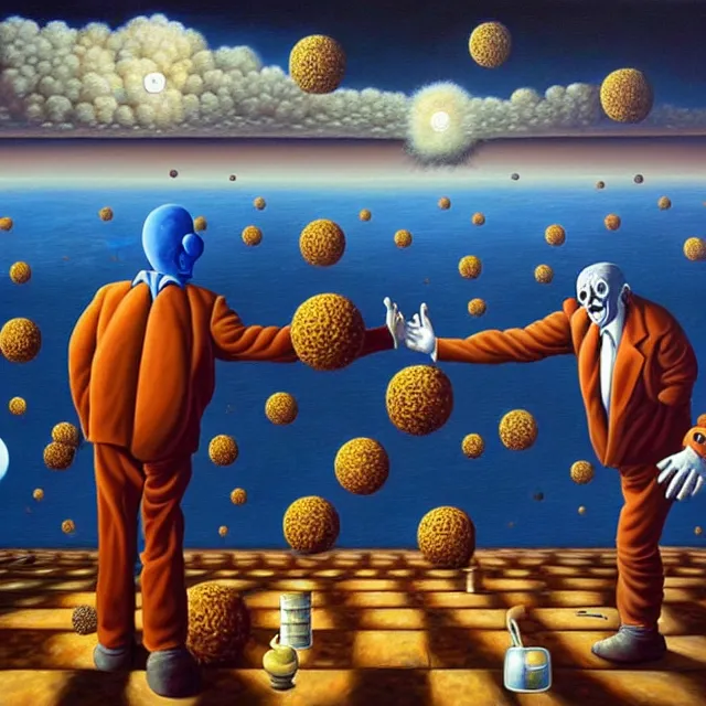 Prompt: an oil on canvas painting of a clowns having an argument over the meaning of life, surrealism, surrealist, cosmic horror, rob gonsalves, high detail