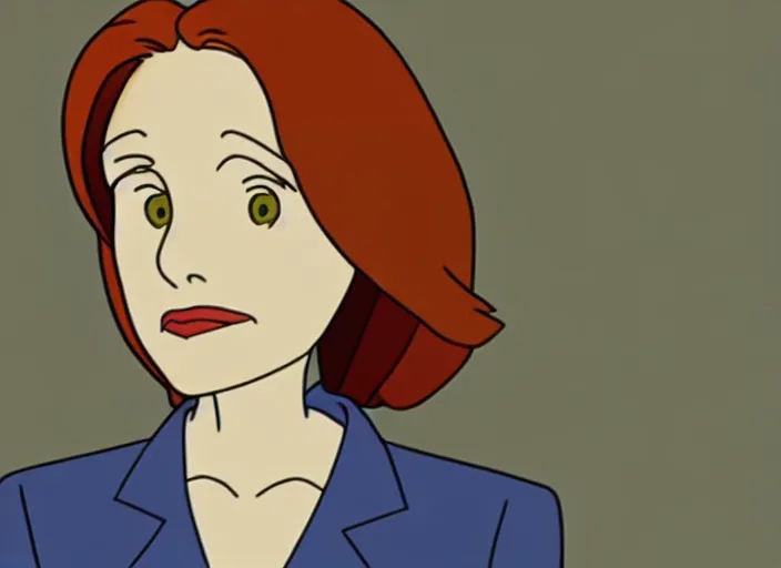 Image similar to an animation still of dana scully, in the style of studio ghibli, netflix animation, toei animation, filmation animation, traditional animation, sharp detail, animation cel