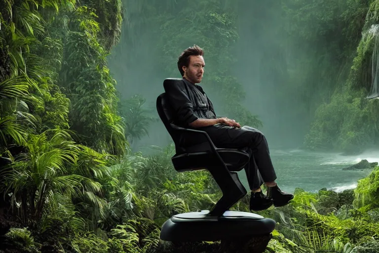 Image similar to movie closeup young man with a grey beard in a cyberpunk suit sitting on a futuristic chair at the edge of a jungle waterfall by emmanuel lubezki