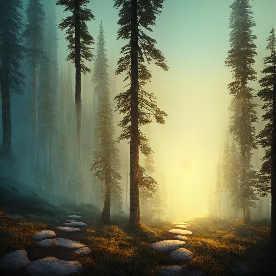 Prompt: surrealist abstract art of one natural path leading to the horizon through giant pine forests down rocky mountains towards a majestic valley during sunset. atmospheric foggy landscape, soft tones, psychedelic, ultra realistic, concept art, modern art, photorealistic, octane render.