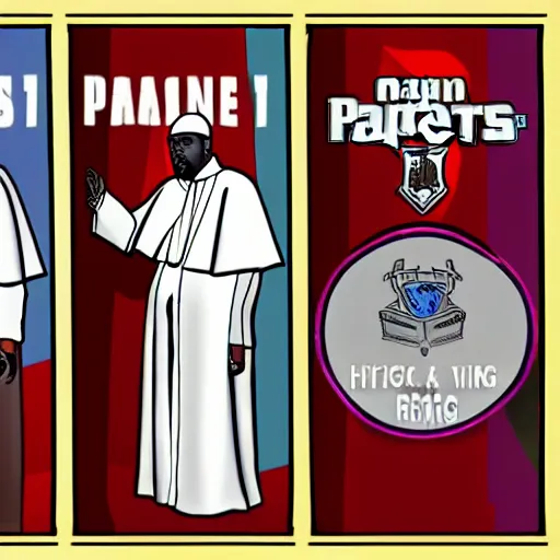 Prompt: pope kanye in the style of a grand theft auto 5 loading screen