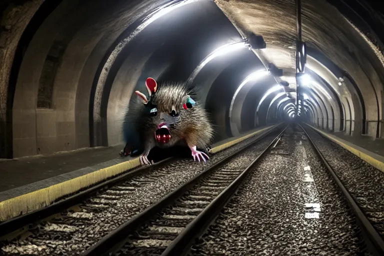 Image similar to very large giant mutant zombie irradiated ( angry rat ) staying on railways in tonnel of moscow subway. giant angry rat. 4 k, very realistic. extreme long shot, low dark light, scary mood, ( anish kapoor, herman nitsch ).