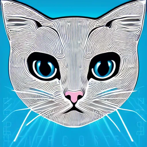 Image similar to a simplified vector based illustration about a cyberpunk kitten, centred face portrait, space colors, smooth and clean vector curves, no jagged lines