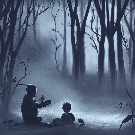 Prompt: a macabre phantom talking with a kid in the middle of a dark forest, trending on artstation, realistic, obscure, dramatic scene