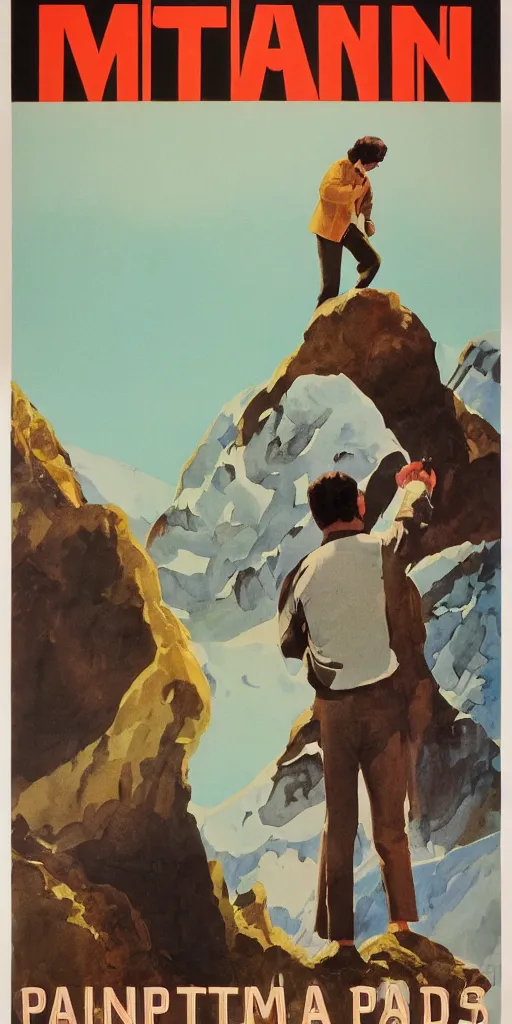 Prompt: 1 9 7 0 s filmposter for the paintmaker about a man searching for natural pigment in the mountains