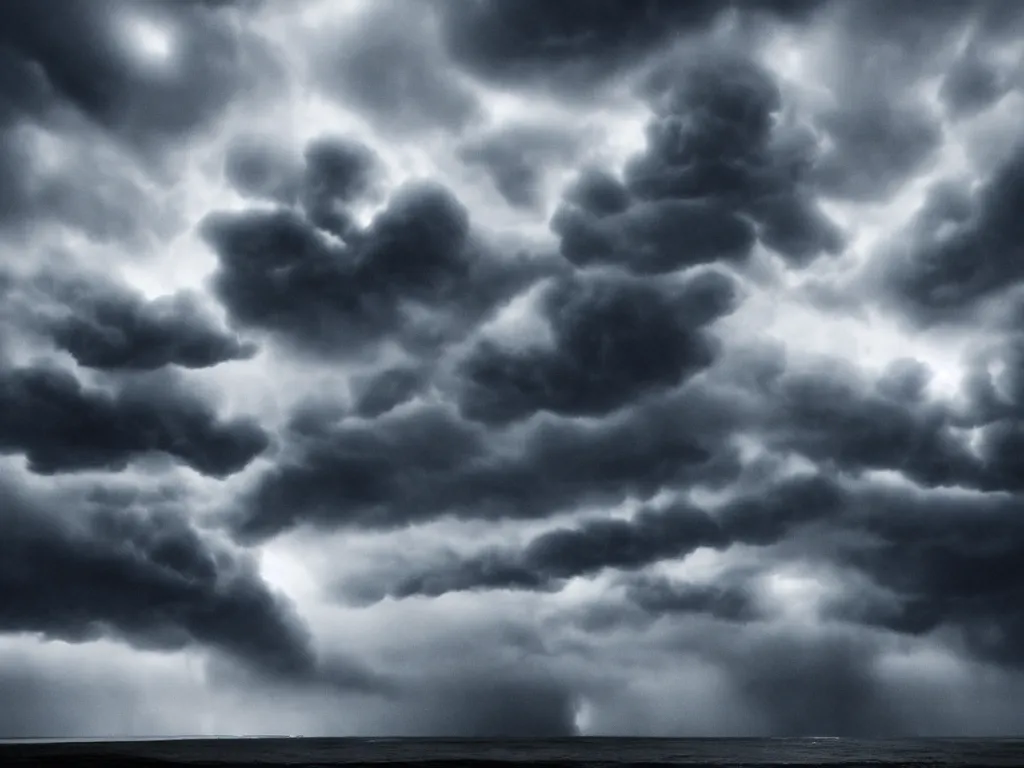 Image similar to dark super storm shot from the ground, hyper realistic clouds that resemble levitating large rocks. impressive, magical, very atmospheric, fog, cinematic, deep, very high complexity, stunning, dramatic masterpiece, iridescent, chiaroscuro, romantism, very detailed. 4 k