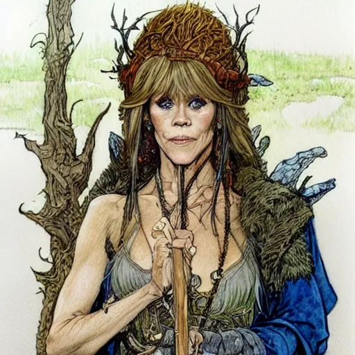 Image similar to a realistic and atmospheric watercolour fantasy character concept art portrait of jane fonda as a druidic warrior wizard looking at the camera with an intelligent gaze by rebecca guay, michael kaluta, charles vess and jean moebius giraud