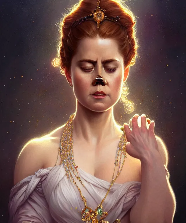 Image similar to a meditating Amy Adams with beads and crystals, portrait, intricate, elegant, highly detailed, digital painting, artstation, concept art, smooth, sharp focus, illustration, art by artgerm and greg rutkowski and alphonse mucha