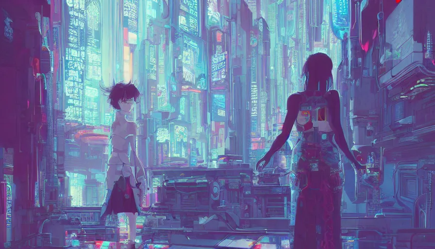 Prompt: a digital painting of a woman exploring a temple, cyberpunk art by james jean, cgsociety, retrofuturism, anime aesthetic, chromatic, iridescent