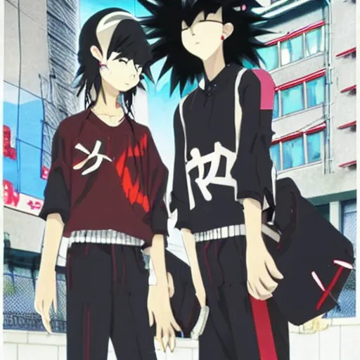 Image similar to japanese goth boy, anime boy, black hair, upturned collar, absurd spiky hair, rollerblading, rollerskates, cel - shading, 2 0 0 1 anime, flcl, jet set radio future, golden hour, japanese town, concentrated buildings, japanese neighborhood, construction site, cel - shaded, strong shadows, vivid hues, y 2 k aesthetic