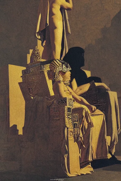 Image similar to a haughty pharaoh on a golden throne, digital painting by maxfield parrish and caravaggio, photorealistic