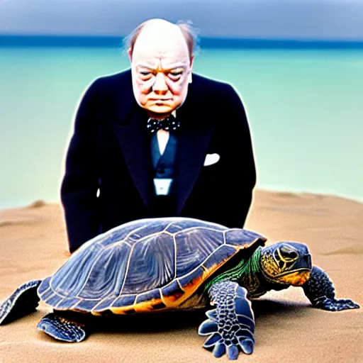 Prompt: An astonished Winston Churchill discovers the first turtle ever in Galapagos, national geographic, BBC, XF IQ4, f/8, ISO 200, 1/160s, 8K, RAW, unedited, face AI enhanced