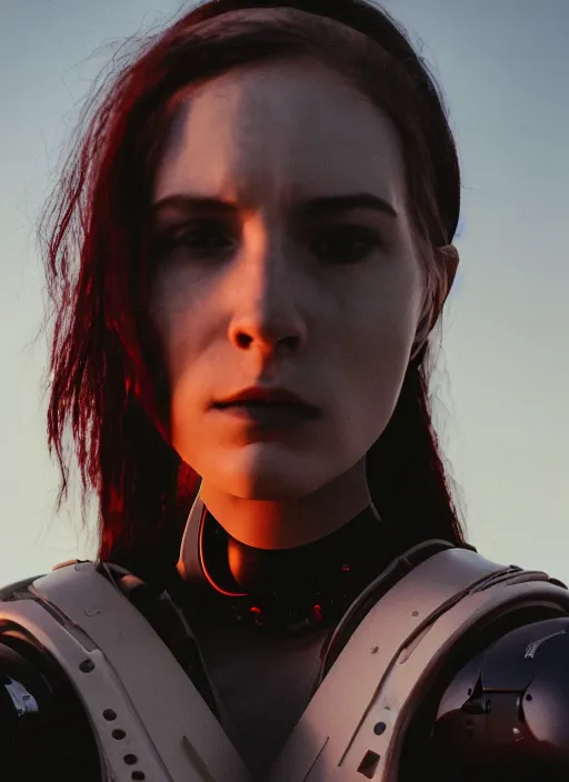 Image similar to cinestill 5 0 d photographic portrait of two loving female androids wearing rugged black techwear on a desolate plain with a red sky, extreme closeup, cyberpunk style, garters, dust storm, 8 k, hd, high resolution, 3 5 mm, f / 3 2, ultra realistic faces, ex machina