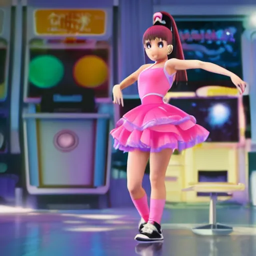 Prompt: Manga cover portrait of an extremely cute and adorable beautiful Ariana Grande playing Dance Dance Revolution, 3d render diorama by Hayao Miyazaki, official Studio Ghibli still, color graflex macro photograph, Pixiv, DAZ Studio 3D