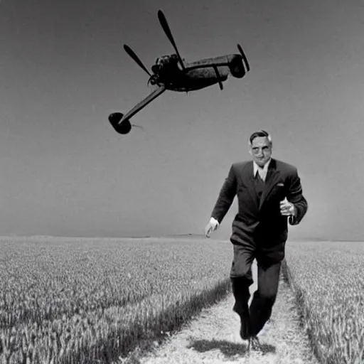 Prompt: scene from a film by hitchcock featuring cary grant running from a plane in a wheat field. in the background, the plane is a biplan with visible propellers and close to the ground. technicolor, 5 0 mm, hyperrealistic, extremely realistic face, highly detailed, highly intricate.