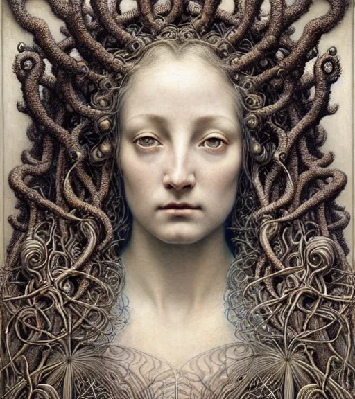 Prompt: detailed realistic beautiful dawn goddess face portrait by jean delville, gustave dore, iris van herpen and marco mazzoni, art forms of nature by ernst haeckel, art nouveau, symbolist, visionary, gothic, neo - gothic, pre - raphaelite, fractal lace, intricate alien botanicals, ai biodiversity, surreality, hyperdetailed ultrasharp octane render