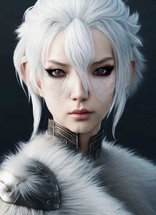 Image similar to fur - lined armor!!! beautiful and elegant white haired female!! gorgeous ayes!! character concept art, sharp focus, octane render! unreal engine 5! highly rendered!! trending on artstation!! detailed linework!! illustration by artgerm, wlop, and chie yoshii