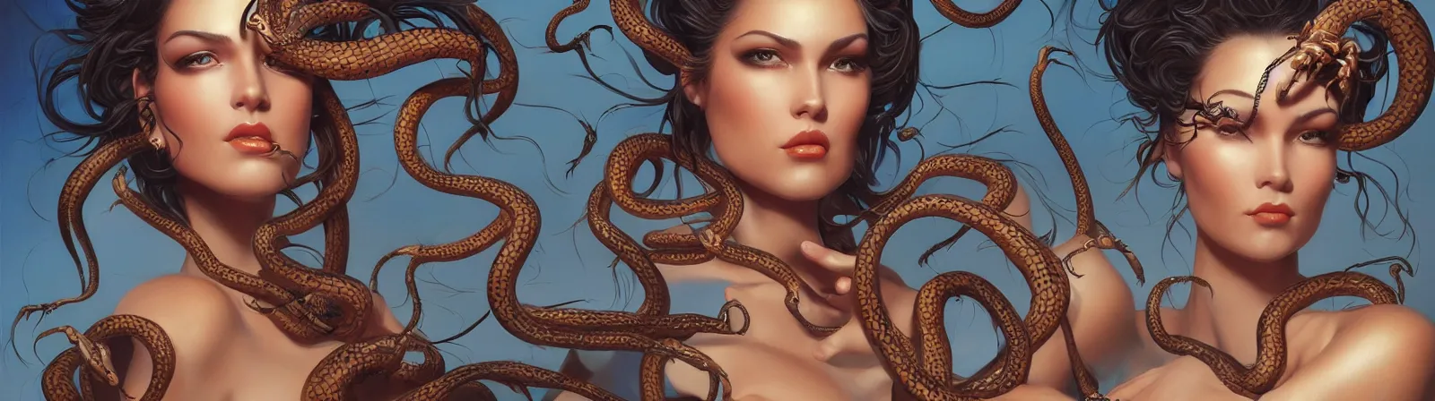 Prompt: beauty woman with snakes for hair, detailed face, surrounded by spiders, very detailed, dramatic lighting, electrical details, high details, 4k, 8k, trending on artstation, by Hajime Sorayama and Boris Vallejo