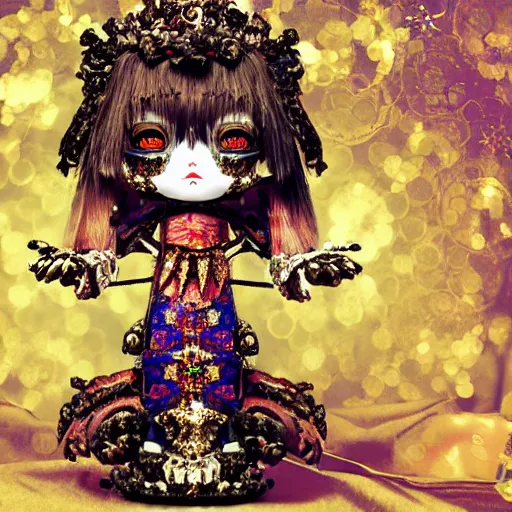 Image similar to baroque bedazzled gothic royalty frames surrounding a pixelsort emo demonic horrorcore japanese yokai doll, low quality sharpened graphics, remastered chromatic aberration