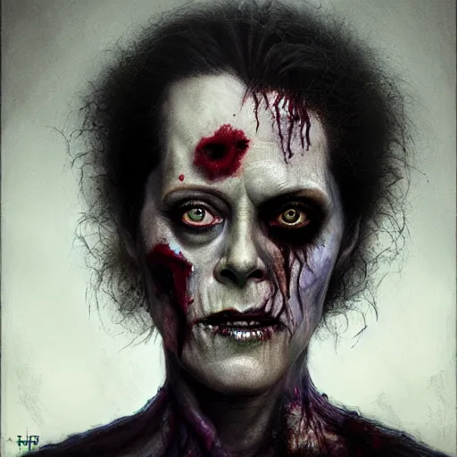 Image similar to color head portrait of sigourney weaver as a zombie, 7 days to die zombie, gritty background, fine art, award winning, intricate, elegant, sharp focus, cinematic lighting, digital painting, 8 k concept art, art by michael hussar, art by brom, art by guweiz and z. w. gu, 8 k