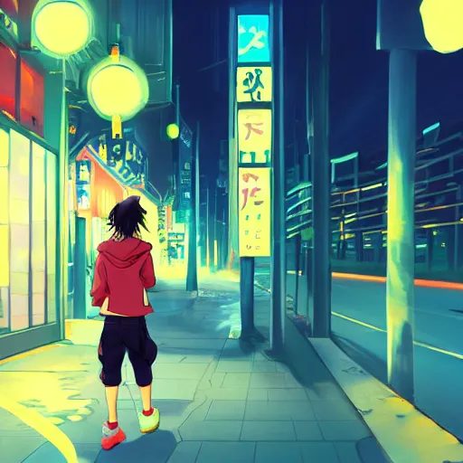 Prompt: an anime teen walking at the streets of tokyo at night while wearing headphones, aesthetic, night lights, digital painting, wlop, trending on artstation, deviantart, 8k UHD