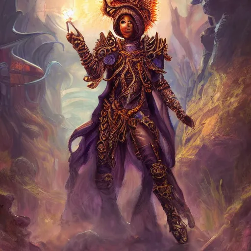 Prompt: magic the gathering card art highly detailed painting of an alchemist wearing an ornate bronze headdress, standing in a sandstone ruin, 4k trending on artstation