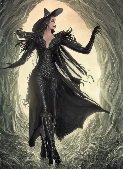 Image similar to beautiful female witch, rebecca romijn as wicked witch of the west, full body character concept, covered in full leather armor, art nouveau, super powers, fantasy, intricate, elegant, highly detailed, digital painting, artstation, concept art, shining, sharp focus, illustration, art by stanley lau