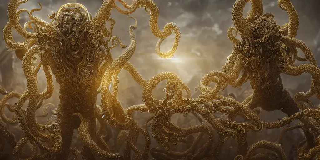 Prompt: a photo of 8k ultra realistic corrupted lovecraftian golden humanoid queen standing infront of a crowd, 8 intricate white and gold tentacles, ornate white and gold armour, cinematic lighting, trending on artstation, 4k, hyperrealistic, focused, high details, unreal engine 5, cinematic, masterpiece