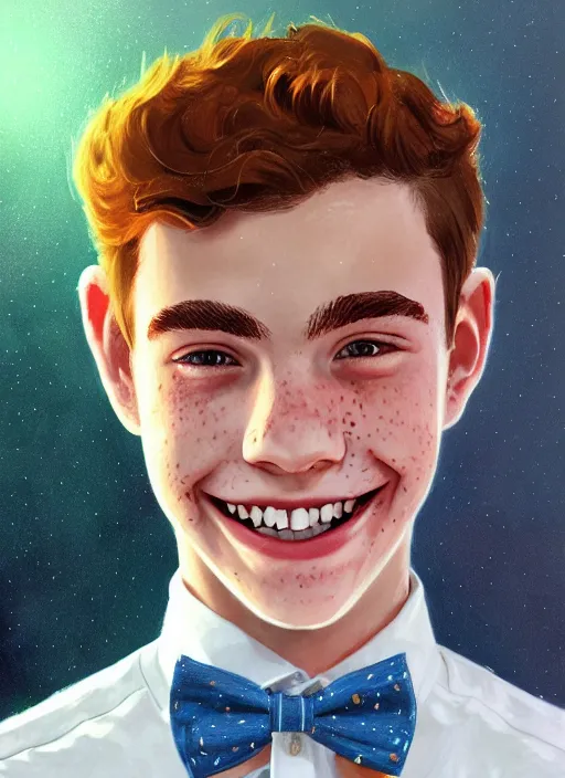 Image similar to portrait of teenage archie andrews, freckles, curly middle part haircut, curly hair, middle part hairstyle, smiling kindly, wearing a bowtie and sweater vest, intricate, elegant, glowing lights, highly detailed, digital painting, artstation, concept art, smooth, sharp focus, illustration, art by wlop, mars ravelo and greg rutkowski