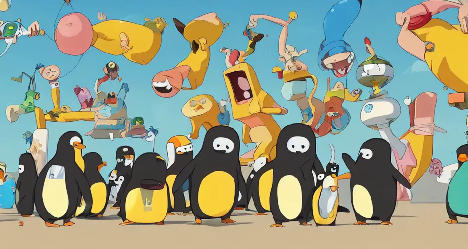 Image similar to cartoon penguins in speedos, wearing gold chains, partying, in the style of adventure time, the amazing world of gumball, pixar, toki doki, greg rutkowski and makoto shinkai, trending on artstation